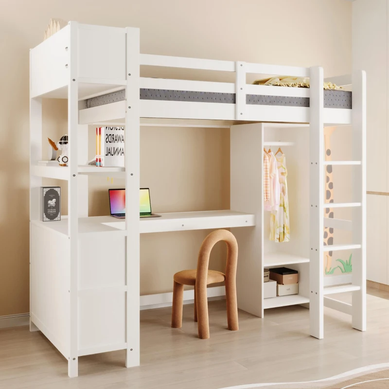 Cama alta 90x200 cm, grade de segurança para crianças a partir dos 6 anos, sem colchão, 232,5x100x189,5 cm, Branco