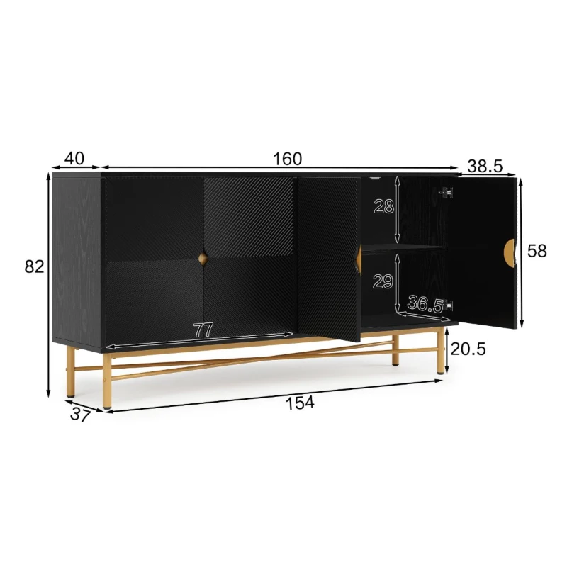 Credenza buffet a 4 ante per soggiorno e cucina con pannelli scanalati, 160x40x82 cm, Nero