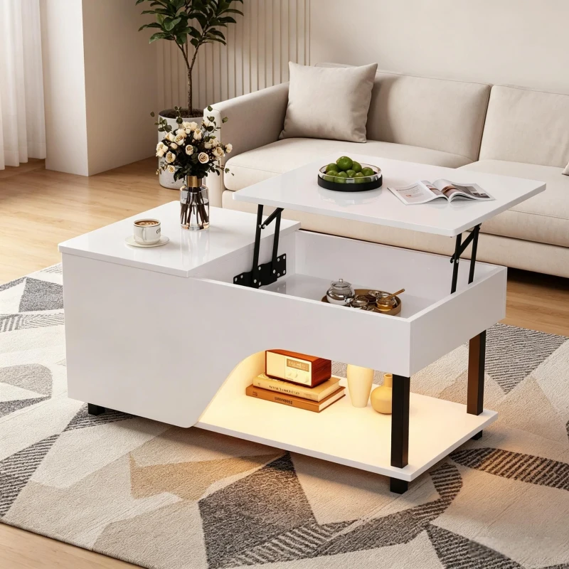 Table basse réglable en hauteur avec rangement caché, compartiments latéraux réglables, 50x100x46 cm, Blanc