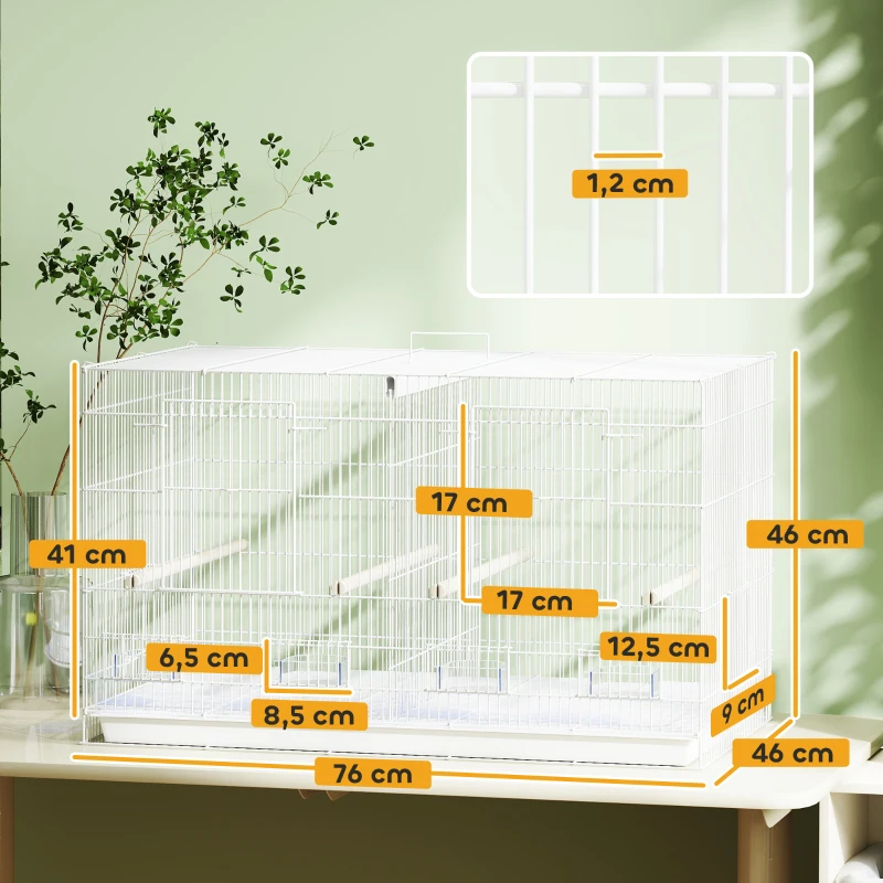 PawHut Cage à Oiseaux Volière Intérieur Acier avec Séparateur, 4 Perchoirs, Plateau Coulissant, 4 Mangeoires, 76x46x46cm, Blanc