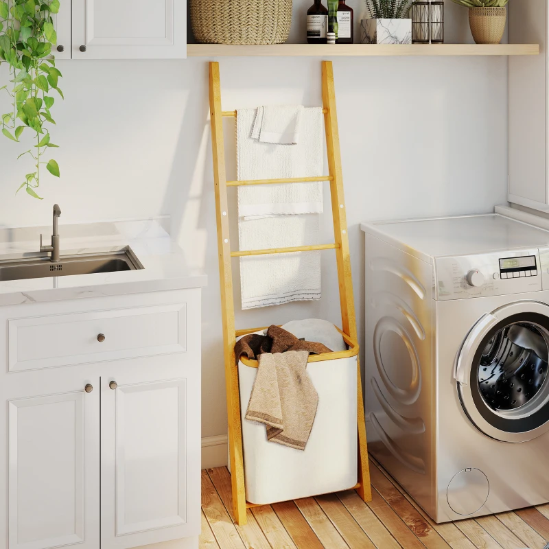 HOMCOM Badregal, 2-in-1 Badezimmerregal mit 3 Stangen, abnehmbarer 48L-Wäschekorb, Bambus, 43 x 35 x 133 cm, Cremeweiß