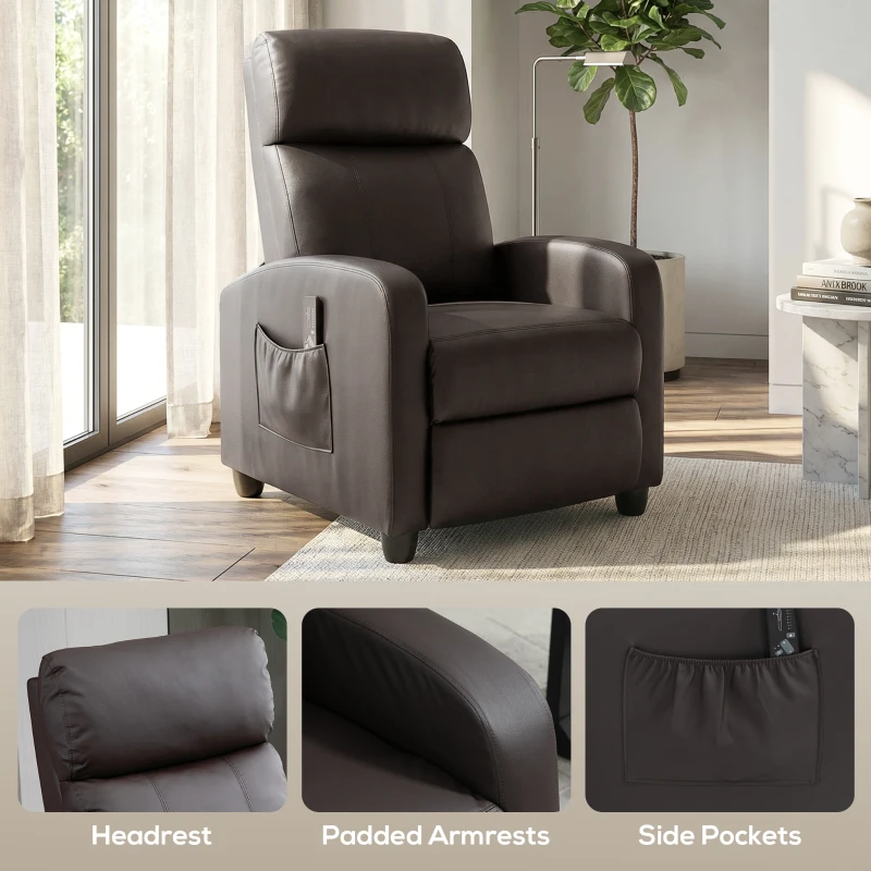 HOMCOM Recliner Armchair, Massage Faux Leather Push Back Reclining Chair with Adjustable Leg Rest, Side Pocket, for Home Living Room Theatre, Brown(m-7)