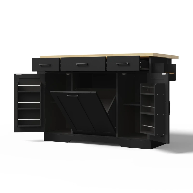 Ilha de cozinha móvel com tampo rebatível, rodízios com travão 360°, para 2–4 pessoas, 120x70x87 cm, Preto