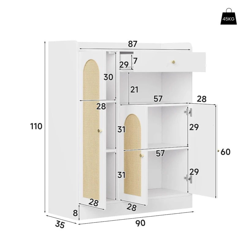 Sapateira em rattan, amplo espaço de arrumação, prateleiras ajustáveis, 90x35x110 cm, Cor natural