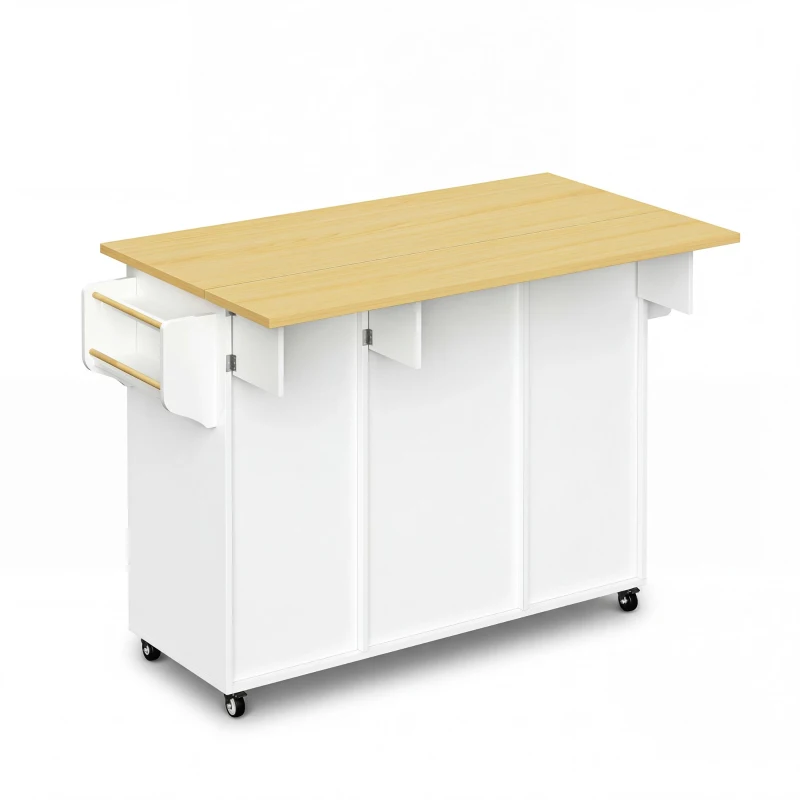 Isla de cocina sobre ruedas con encimera abatible, protección antivuelco y ruedas con bloqueo 360°, 120x70x92 cm, Blanco