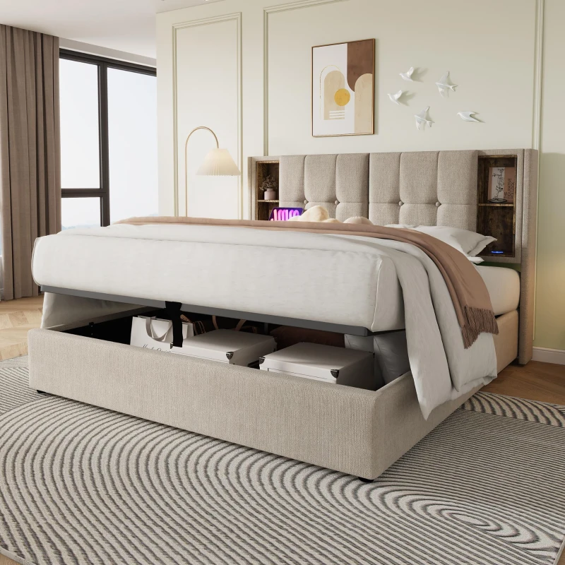 Cama estofada com arrumação, cabeceira com prateleiras, para colchão 180x200 cm, 206x185x100,5 cm, Cor natural