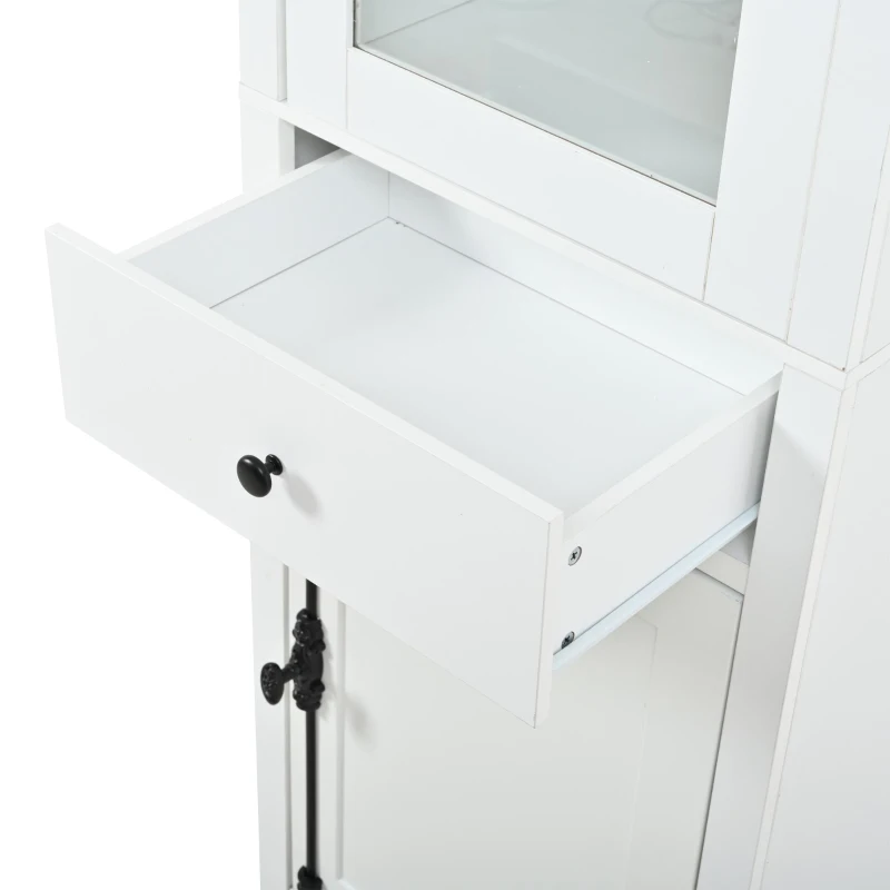 Vitrine alta com iluminação LED, grande espaço de arrumação com 3 prateleiras de vidro, 1 gaveta e 2 portas, 55x40x200 cm, Branco