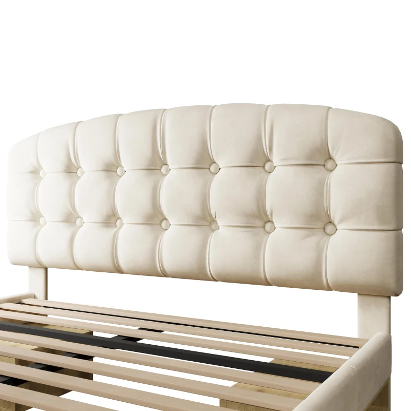 Cama estofada cama de casal 140x190 cm, ajustável em 3 alturas, cabeceira curva, sem colchão, 197x151x120 cm, Bege