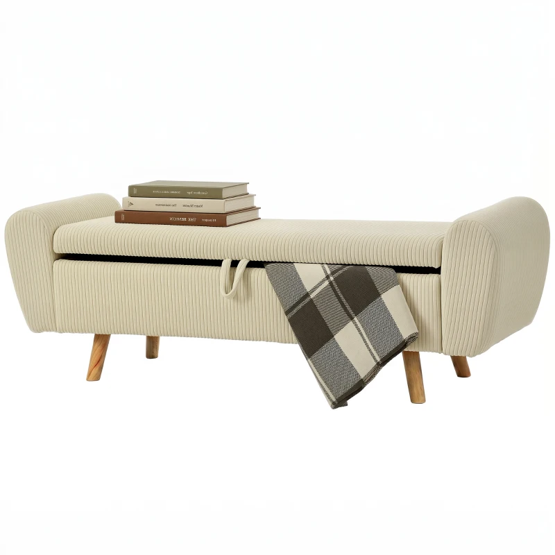 HOMCOM Banco Almacenaje 150 cm Tapizado en Pana Banco Pie de Cama con Brazos Redondeados y Patas de Madera Beige