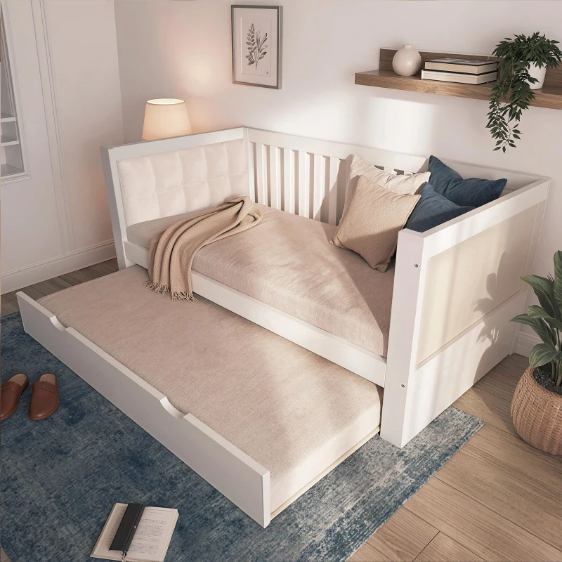 Cama de día con cama nido, diseño que ahorra espacio, madera de pino con somieres de lamas, 208x95x74 cm, Blanco