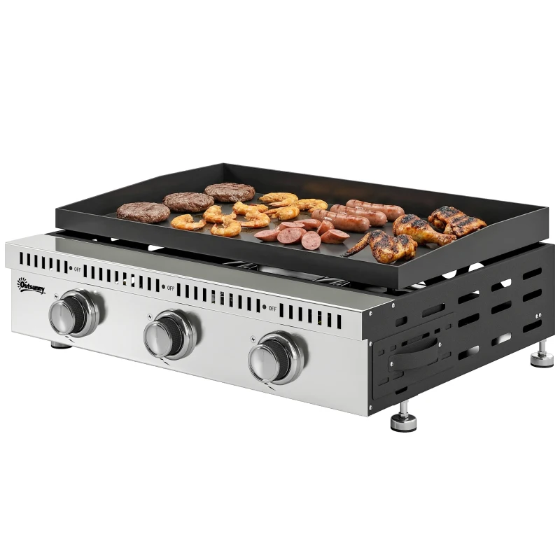 Outsunny Plancha gaz 9 kW 3 brûleurs en acier inoxydable, surface cuisson 56,5 x 33 cm, bac de récupération des graisses, noir