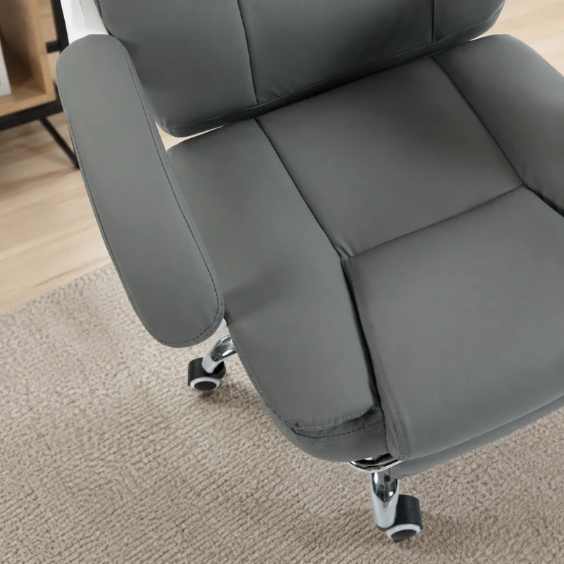 HOMCOM Silla de Oficina Ergonómica, Sillón de Oficina Reclínable en Cuero Sintético Apto para Mascotas, Altura Ajustable, Gris