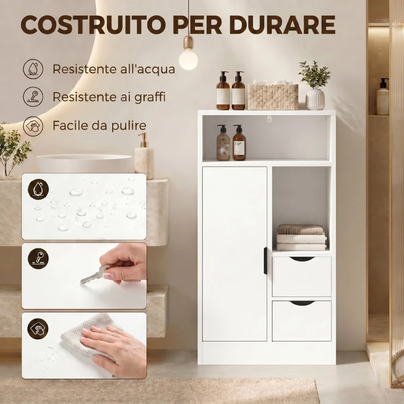 HOMCOM Mobile Bagno Slim con Cassetti e Ripiani Aperti, 50x25x100 cm, Bianco