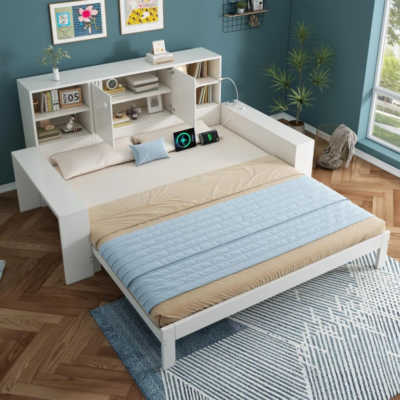 Cama com arrumação 90x200 cm, cama de hóspedes extensível 180x200 cm, 3 prateleiras reguláveis em altura, 237x133x100 cm, Branco