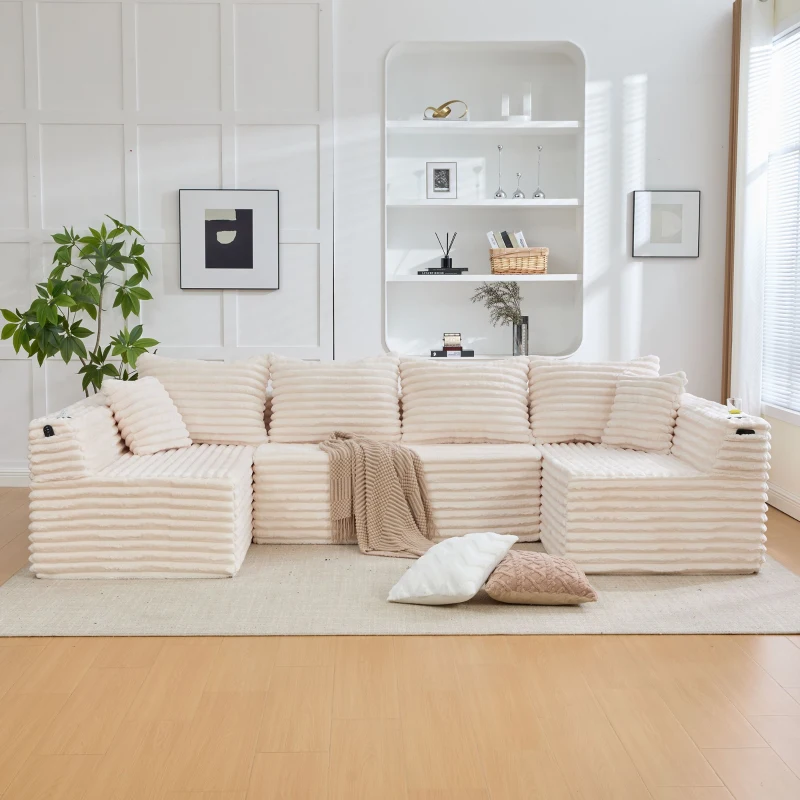 Divano a U in velluto a coste con portabicchieri integrato e tasca laterale, imbottitura a molle, 320x155x88 cm, Beige