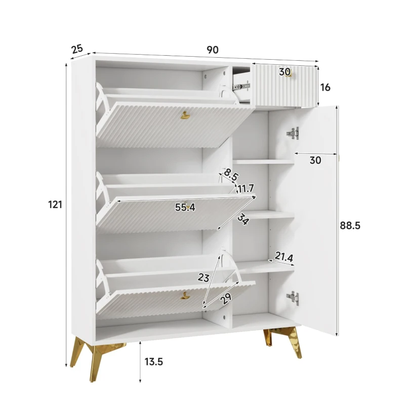 Armadio scarpiera con 3 ante a ribalta salvaspazio dal design moderno, 90x25x121 cm, Bianco
