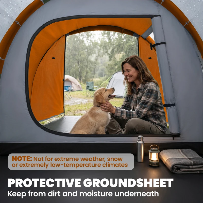 Outsunny 2 Man Tunnel Tent with Sewn-in Groundsheet, Air Vents, Rainfly, 2000mm Large Camping Tent with Bedroom, Porch, Living Area for Camping, Hiking, 426L x 206W x 154H cm, Orange