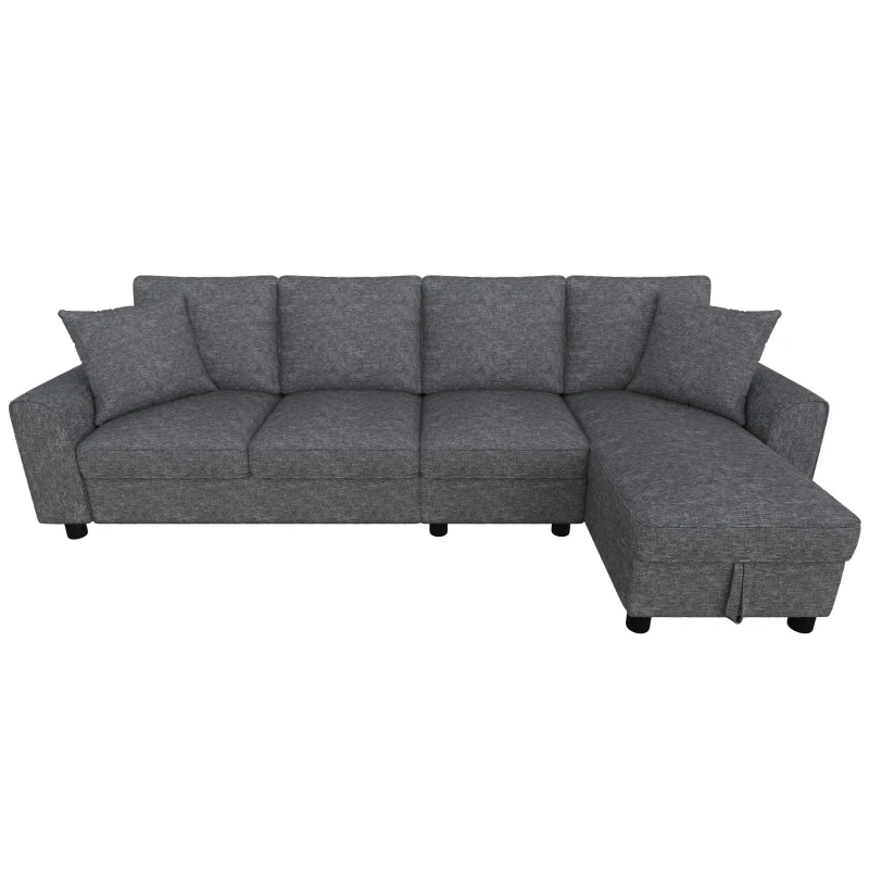 Divano angolare moderno in ciniglia con cuscini, schienale reclinabile e portabicchieri, 280x136x82 cm, Grigio