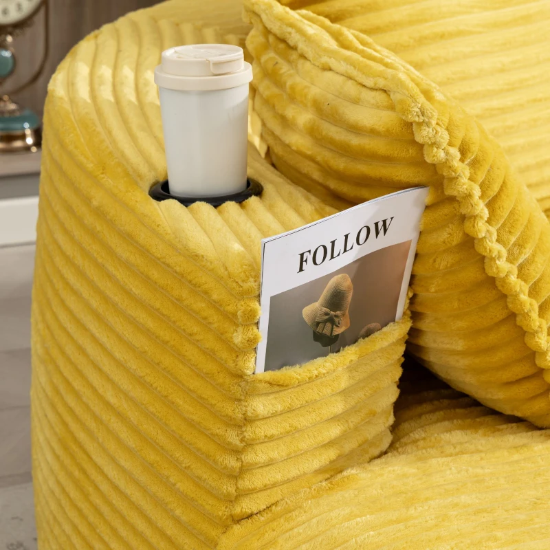Bogesofa imbottito con portabicchieri su entrambi i lati, cuscini e tasca laterale, 250x152x82 cm, Giallo