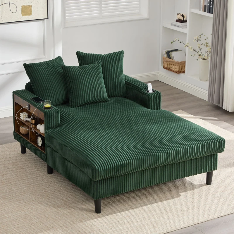 Chaise-longue multifuncional em veludo cotelê, porta-copos em ambos os lados e apoio de braço rebatível, 129x170x70 cm, Verde