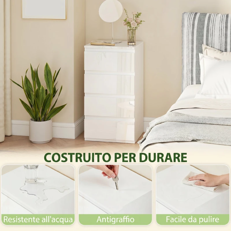 HOMCOM Cassettiera 4 cassetti Salvaspazio in Legno, 40x35x74 cm, Bianco Lucido