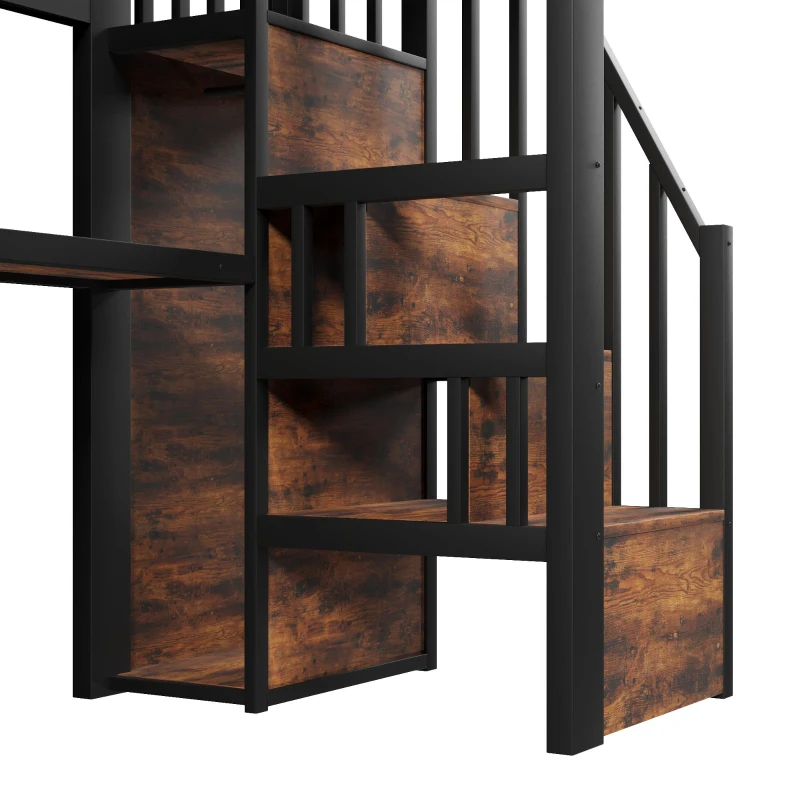 Cama alta 90×200 cm, prateleiras, escada com arrumação, sem colchão, 251x96x170 cm, Preto