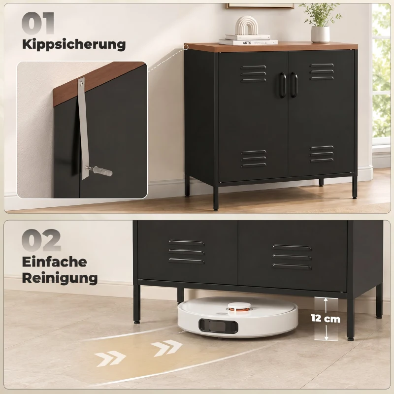HOMCOM Metall-Sideboard, 80x40x80 cm, Industrielles Aufbewahrungsschrank mit 2 Türen und verstellbarem Regal für Wohnzimmer, Büro, Schwarz