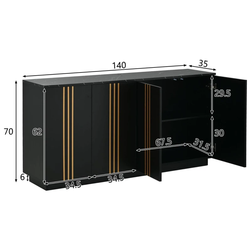 Aparador para sala de estar com 4 portas, elegantes frisos dourados, independente, 35x140x70 cm, Preto