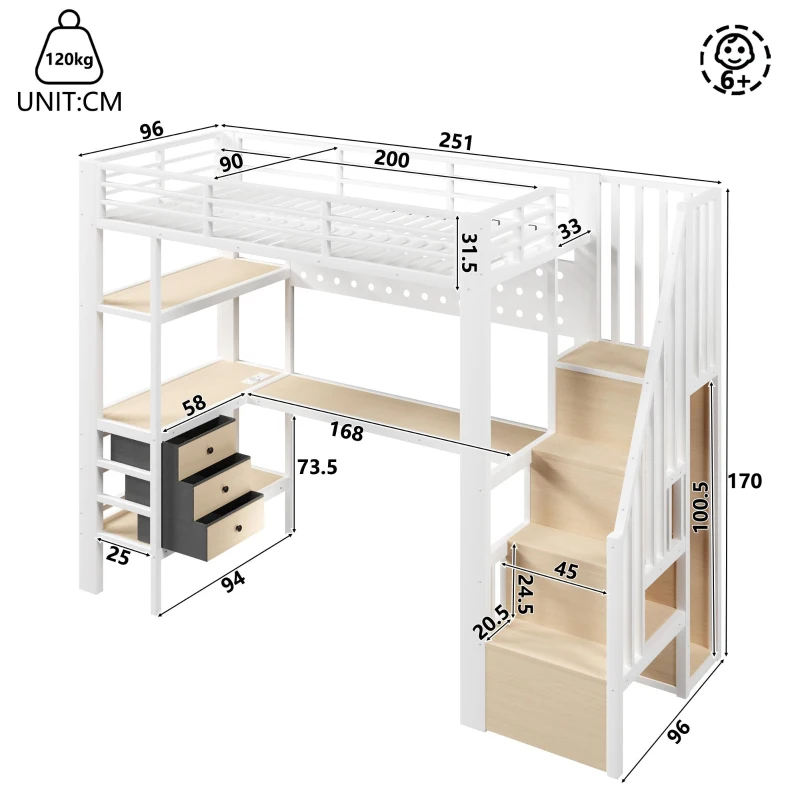 Cama alta 90×200 cm, prateleiras, escada com arrumação, sem colchão, 251x96x170 cm, Branco