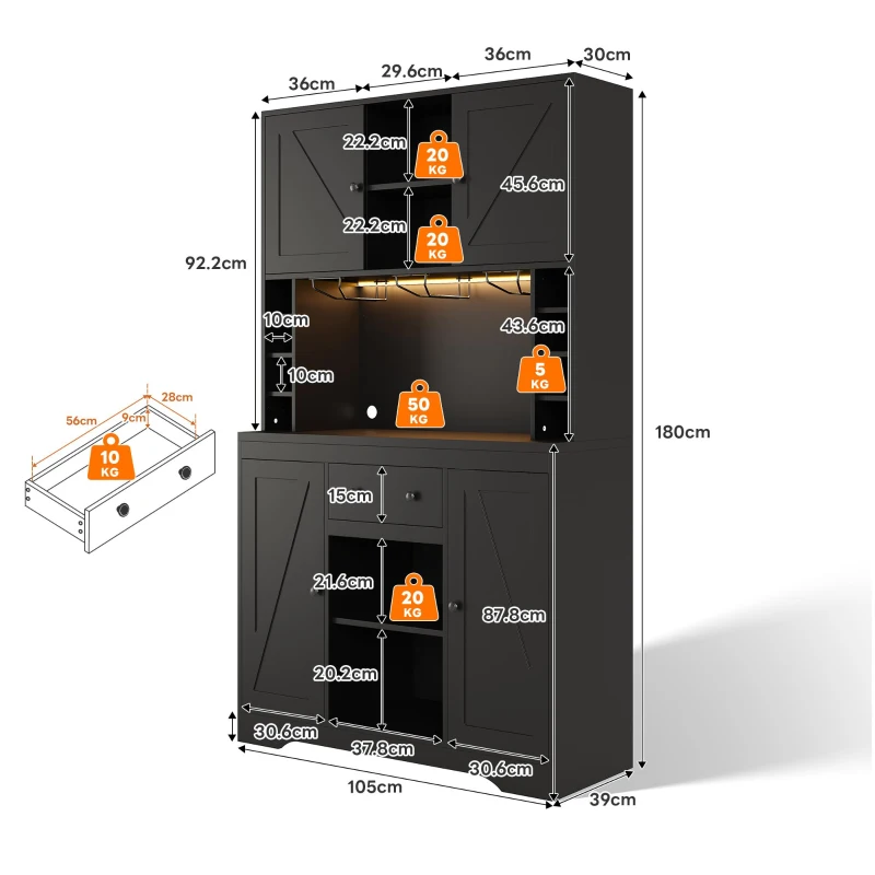 Armario alto de cocina con función de vinoteca, tira LED, baldas regulables, 105x40x180 cm, Negro