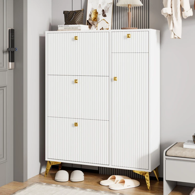 Sapateira com 3 portas basculantes, poupa-espaço com design ondulado moderno, 90x25x121 cm, Branco