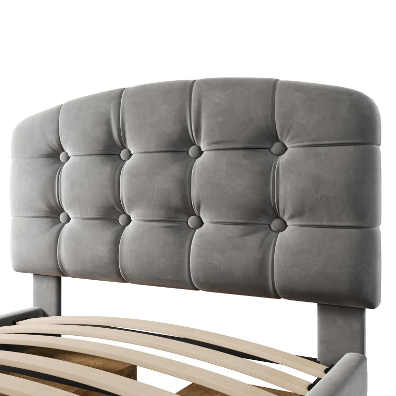 Cama tapizada 90x200 con ajuste de altura en 3 niveles, cajones integrados y compartimentos de almacenaje, 207x101x120 cm, Gris