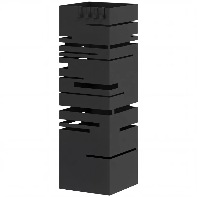 HOMCOM Portaombrelli Quadrato in Metallo con Vassoio Antigoccia Rimovibile e 4 Ganci, 15.5x15.5x49 cm, Nero