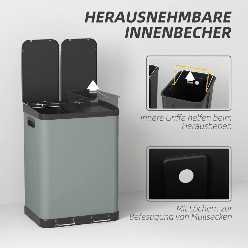 HOMCOM Dubbele Sector Prullenbak, 2 x 30L, Vingerafdrukbestendig, Pedaal, Uitneembare Binnenemmers, Grijs