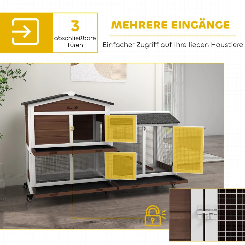 PawHut Kleindierhok met wielen, dwergkonijnenhok, ren, bitumendak, kleindierhuis, dwergkonijnenren, hout, staal, bruin