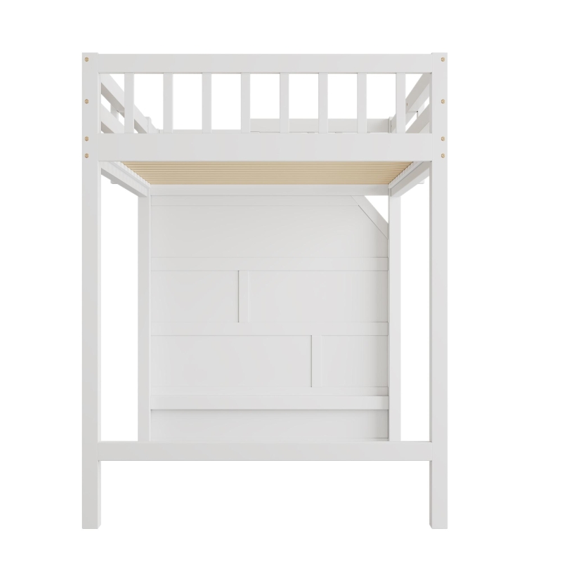 Cama alta 90x200cm con somier de lamas, barandilla de seguridad perimetral con espacio de almacenamiento integrado, sin colchón, 256x98,5x147 cm, Blanco