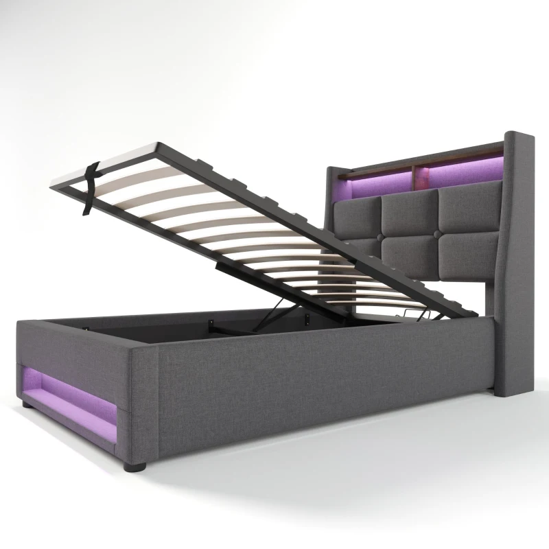 Cama estofada 90x200 cm, espaço de arrumação com pistão a gás e estrado robusto de ripas metálicas, revestimento em linho, 210x95x117 cm, Cinzento