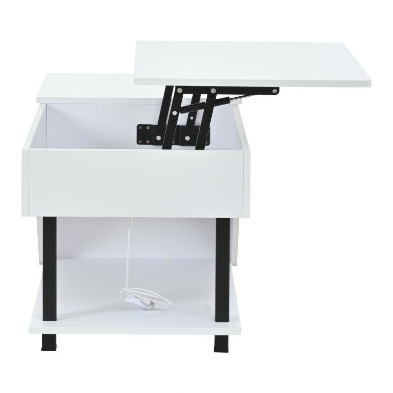 Table basse réglable en hauteur avec rangement caché, compartiments latéraux réglables, 50x100x46 cm, Blanc