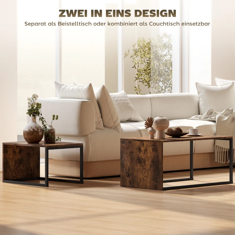 HOMCOM Set van 2 Salontafels, Sofatafel, Bijzettafel, MDF, Metaal, 90 x 48 x 42 cm / 59 x 42 x 36 cm, Zwart+Bruin