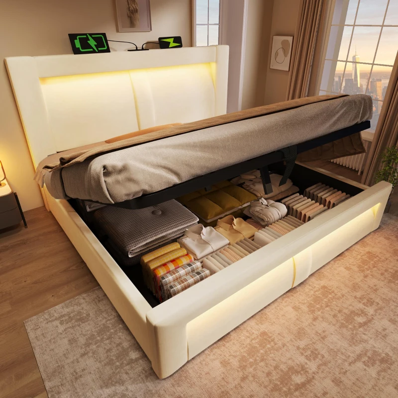 Letto matrimoniale contenitore 140x200 cm con leva idraulica, testiera LED e 4 porte di ricarica, 217x143x107 cm, Beige