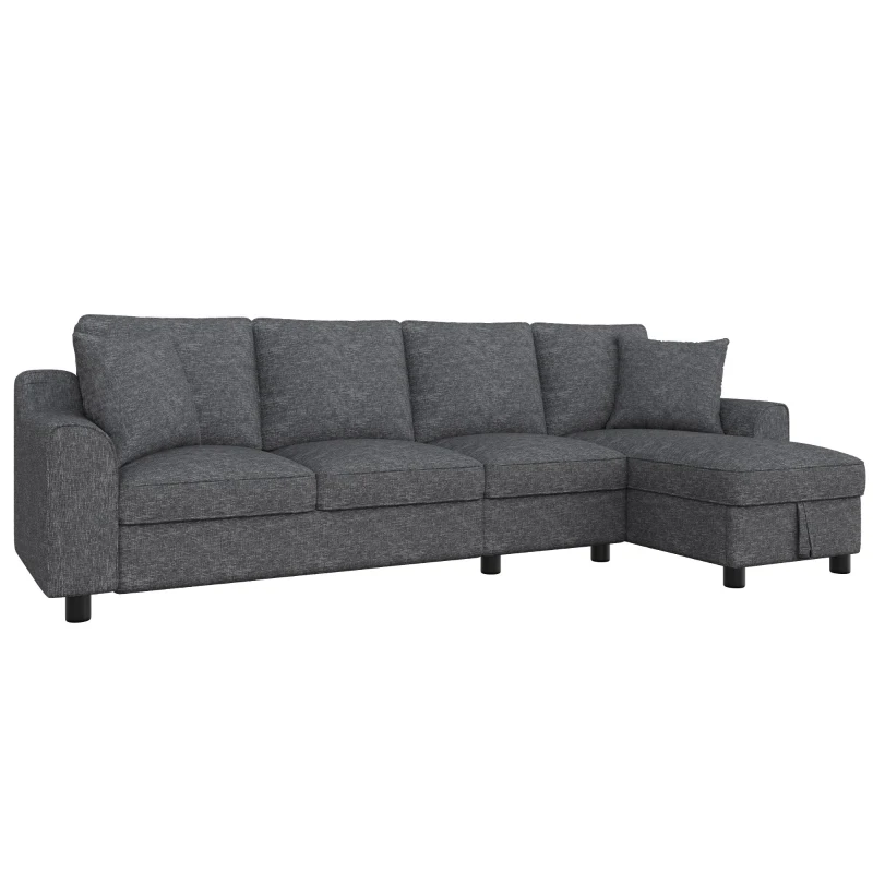 Divano angolare moderno in ciniglia con cuscini, schienale reclinabile e portabicchieri, 280x136x82 cm, Grigio