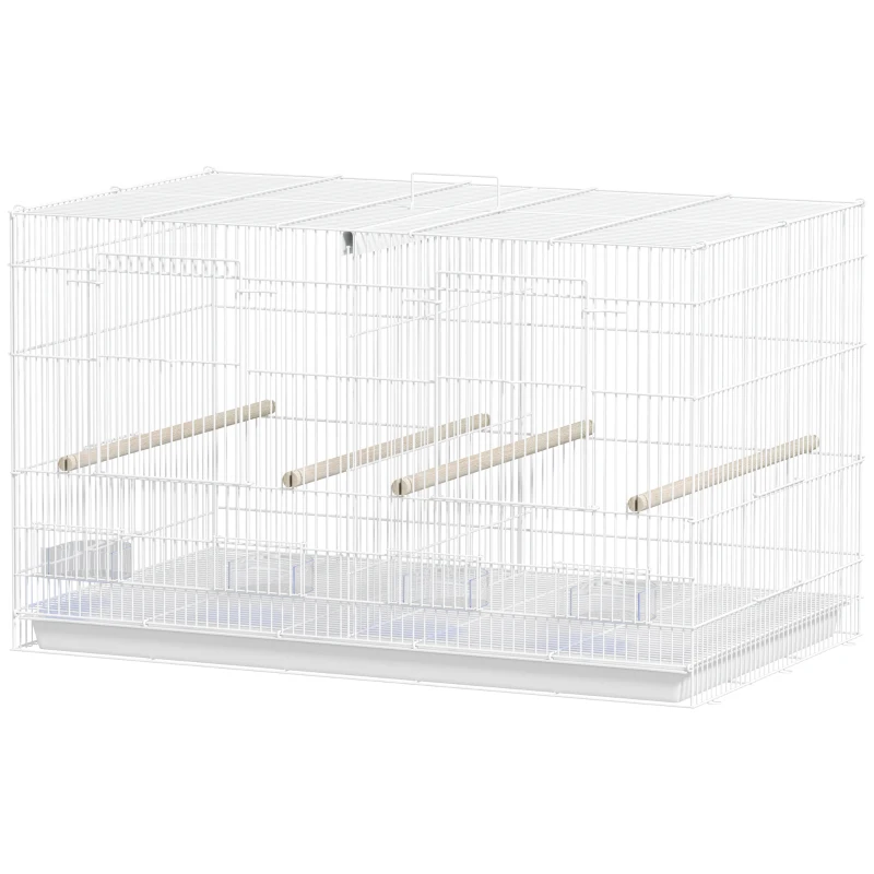 PawHut Cage à Oiseaux Volière Intérieur Acier avec Séparateur, 4 Perchoirs, Plateau Coulissant, 4 Mangeoires, 76x46x46cm, Blanc