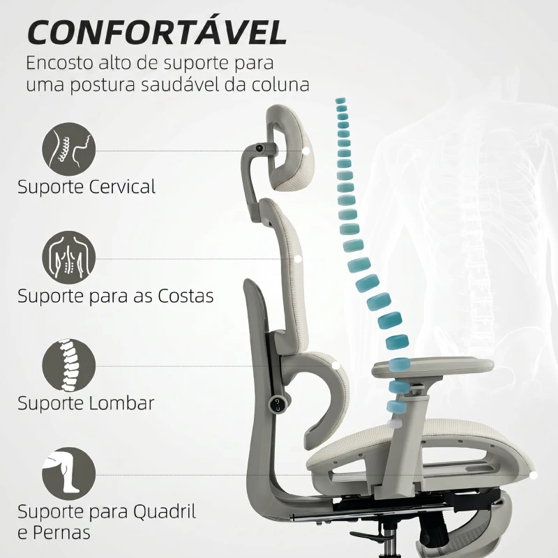 HOMCOM Cadeira de Escritório Ergonómica de Rede com Apoios de Braços 3D Reclinável até 135° Encosto de Cabeça Ajustável Bege
