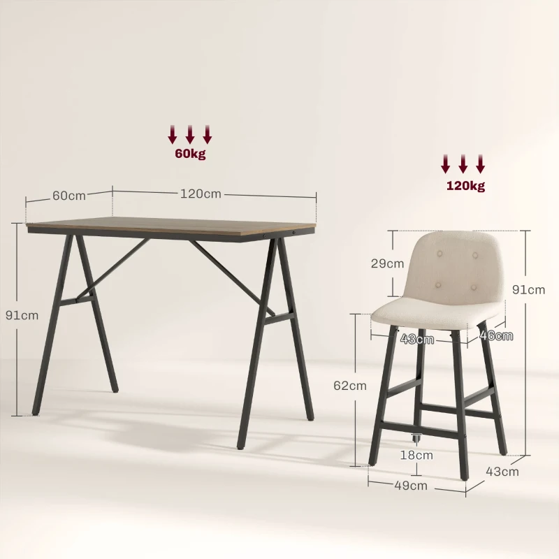 HOMCOM Barset 5-delig, tafel en 4 krukken, knoopversiering, dikke vulling, linnenlook, beige(m-3)