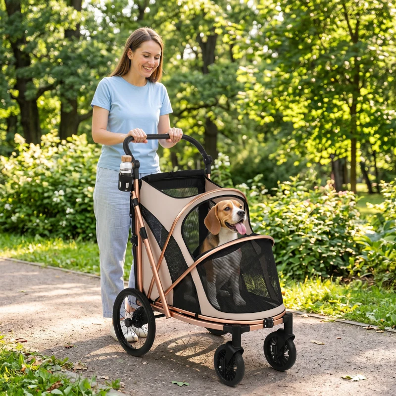 PawHut Carrito para Perros Plegable hasta 20 kg con Ruedas Grandes Suspensión y Freno Ventanas de Malla Cojín Marrón Claro