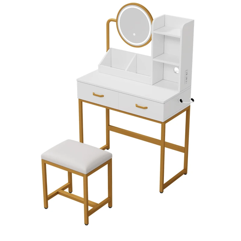 Coiffeuse moderne avec éclairage LED, miroir HD pivotant, porte-sèche-cheveux, incl. tabouret, 80x40x138,5 cm, Blanc