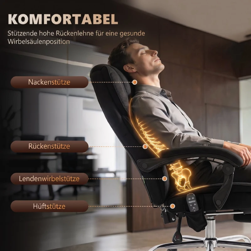 Vinsetto Ergonomische Massage Bureaustoel met Voetsteun, Draaibaar, Op Wielen, Zwart