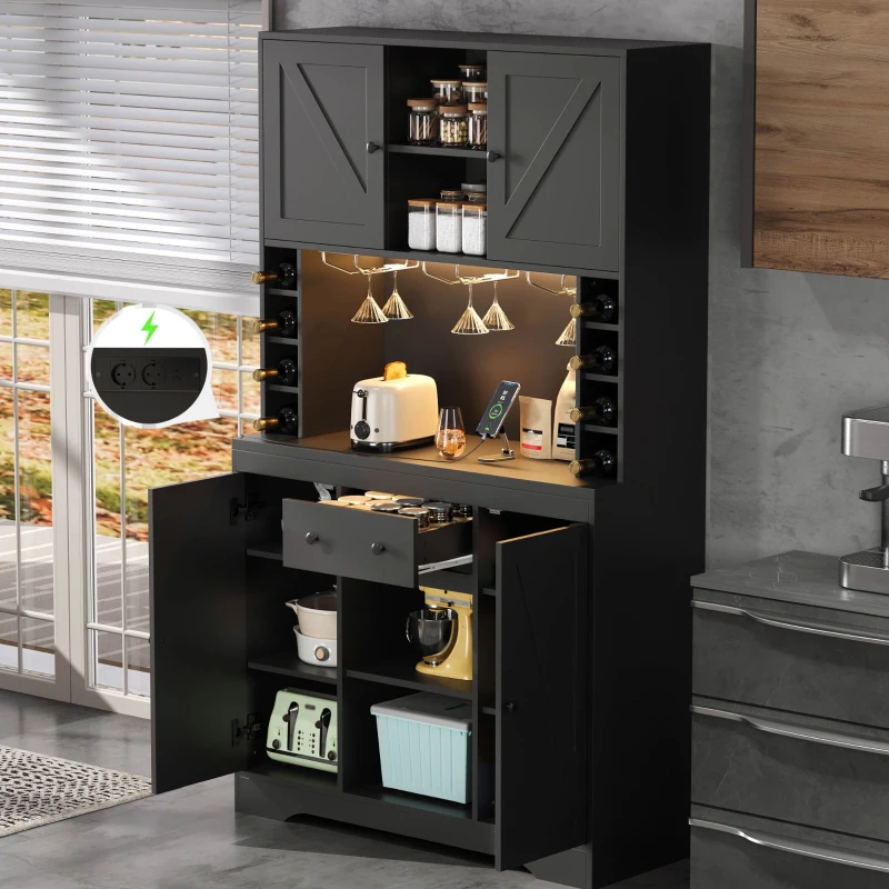 Armario alto de cocina con función de vinoteca, tira LED, baldas regulables, 105x40x180 cm, Negro