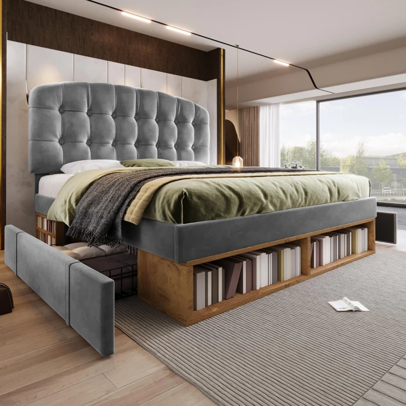 Cama estofada cama de casal 140x190 cm, ajustável em 3 alturas, cabeceira curva, sem colchão, 197x151x120 cm, Cinzento