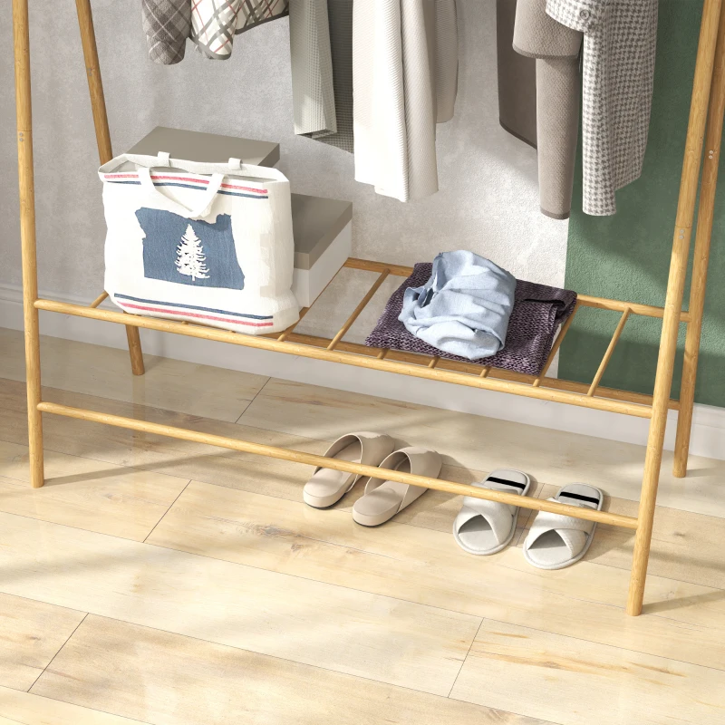 HOMCOM Bamboe Kledingrek met Schoenenrek en Haken, Vrijstaand, voor Entree, Slaapkamer, Natuurlijk Hout